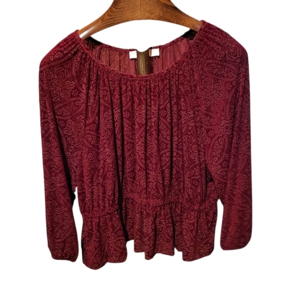Loft Mosaic Shirred Velour Burgundy Red Paisley Floral Velvet Top Size XL - Picture 2 of 8